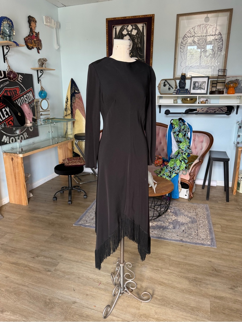 Vintage Black Long-Sleeve Fringe Hem Dress